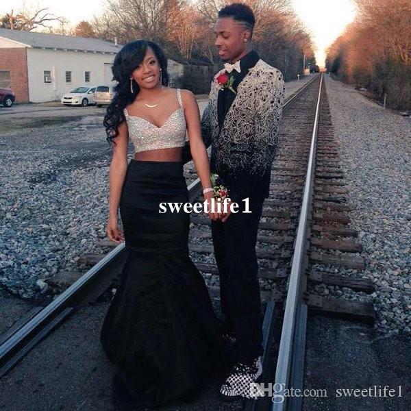 

2020 Sexy Black Girl Two Pieces Prom Dress Mermaid Beaded Bodice 2 Pieces Evening Dresses Formal Party Gowns, Ivory