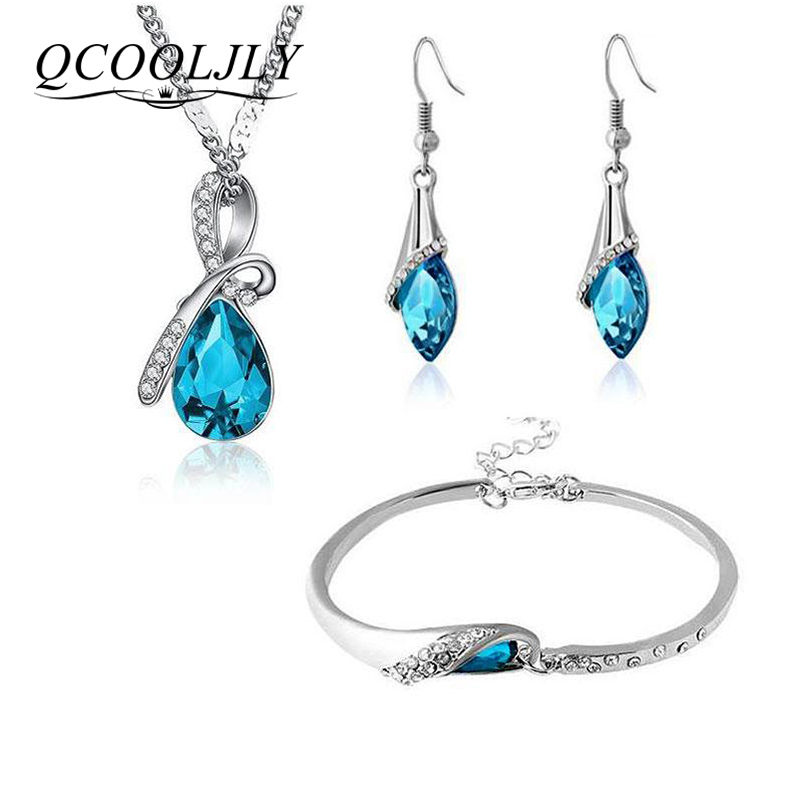 

Earrings & Necklace QCOOLJLY Fashion Water Drop Silver Color Jewelry Set For Women Bracelet Blue Crystal Elegant Sets, As pic
