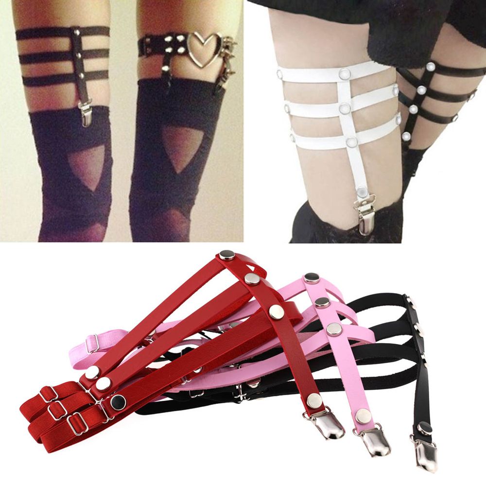 

Woman Sexy Adjustable PU Leather Garter Belt Suspenders Harajuku Style Rivet Leg Ring Punk Gothic Stockings Clothes Accessories, Beige