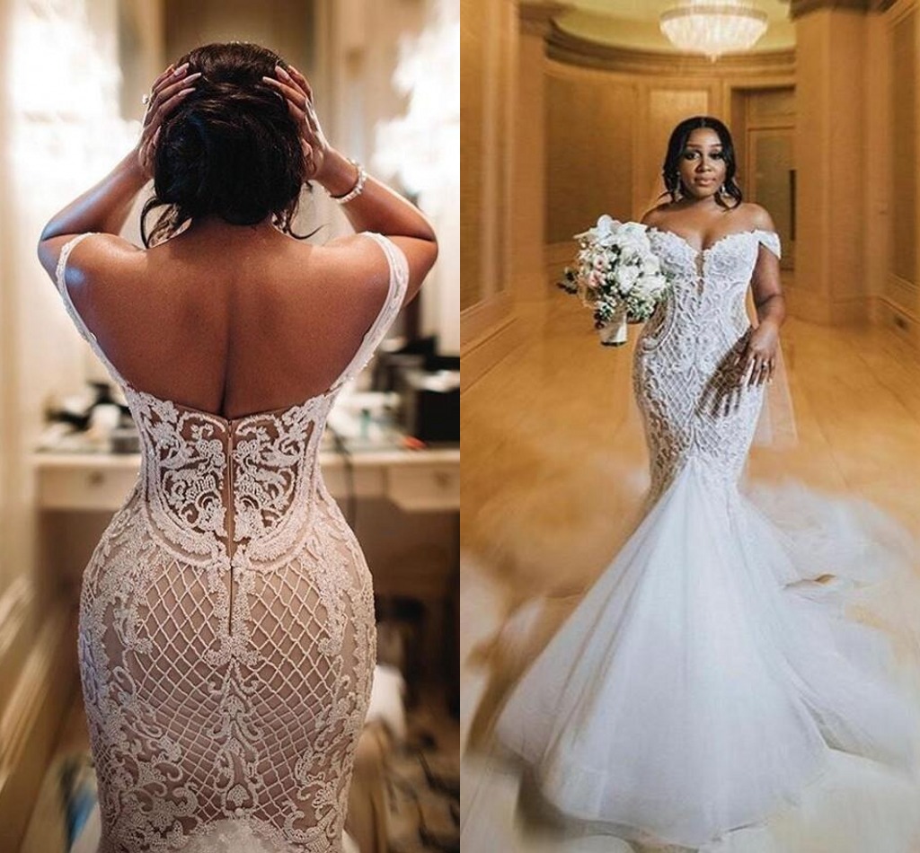 Sexy hors de l'épaule sirène robes de mariée 2021 arabe Aso Ebi dentelle dos nu Vestidos De Novia tribunal train grande taille robe de mariée AL5