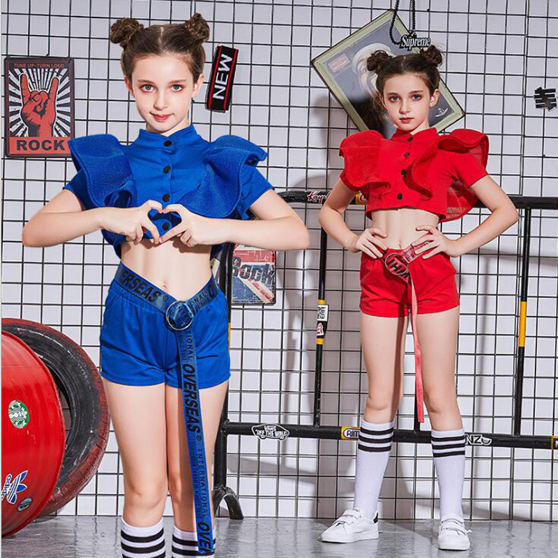 

1 SET Kids Performance Hip Hop Jacket Clothing Girls Top Shirt Shorts Jazz Dance Costume Party Wear Ballroom Dancing Clothes, Blue