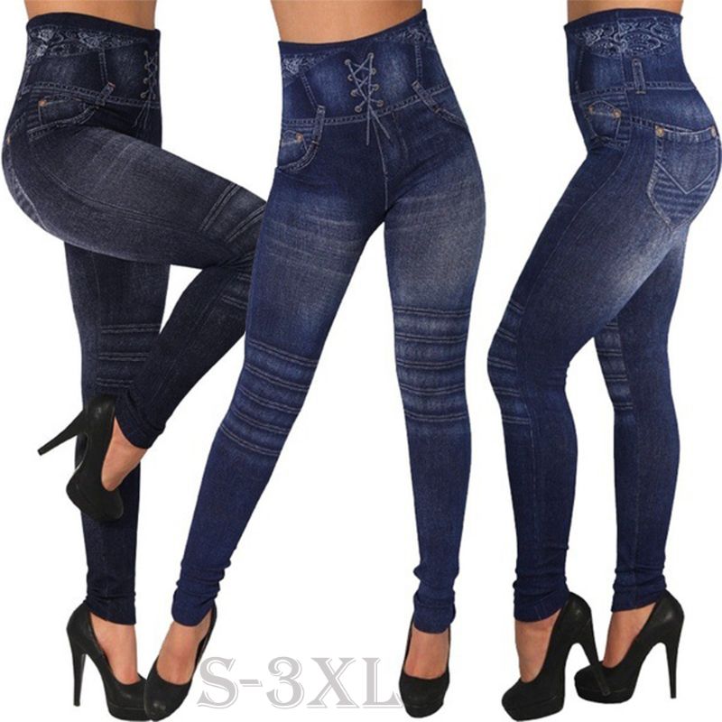 

2019 Women Jeans Leggings Blue Striped Print Leggings Women Imitation Jean Slim Fitness Elastic Seamless, Navy blue