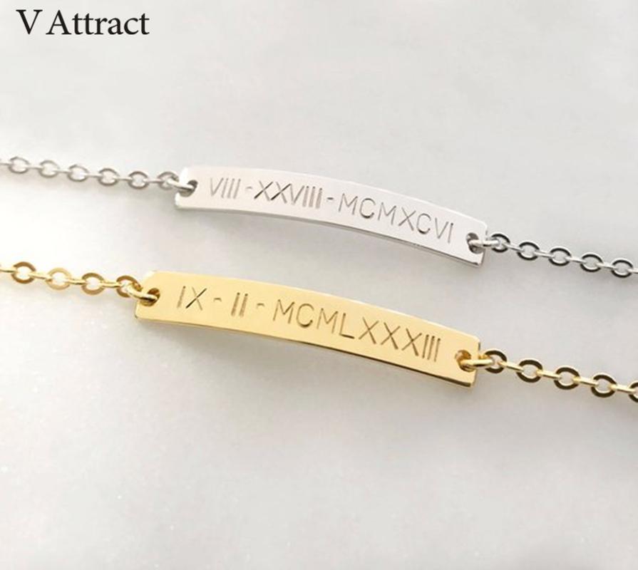 

30*8mm Bar Roman Numeral Dates Bracelet Personalized Charm Pulseira Masculina Gold Engraved Coordinate Bangle Vintage Jewelry