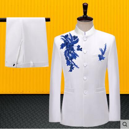 

Retro blazer men Chinese tunic suit set with pants mens wedding suits costume singer stage clothing formal dress stand collar, White