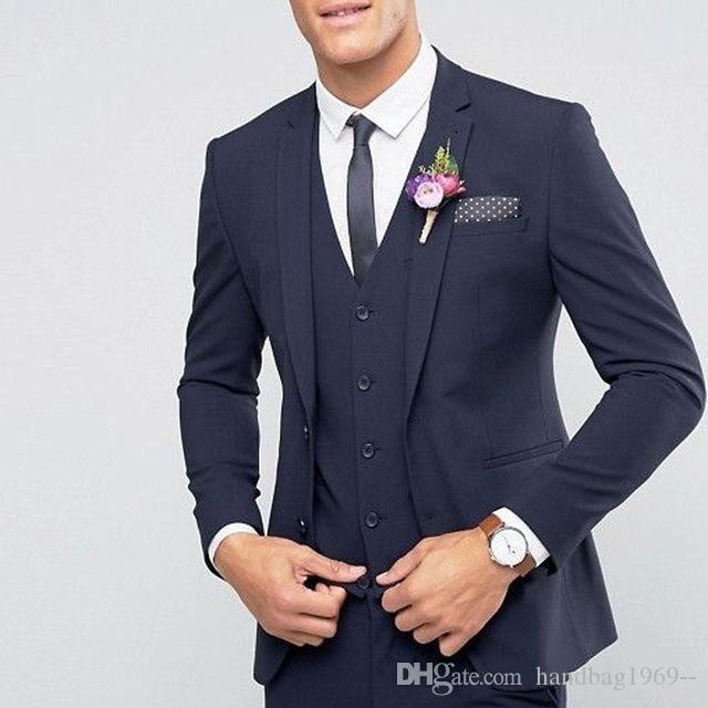

High Quality Two Button Navy Blue Groom Tuxedos Notch Lapel Groomsmen Best Man Mens Wedding Suits (Jacket+Pants+Vest+Tie) D:178, Same as image