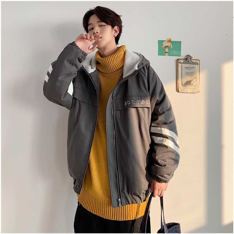 

2019 Autumn And Winter New Youth Popular Lamb Wool Thick Jacket Fashion Casual Hooded Loose Cotton Black / Yellow / Grey Green