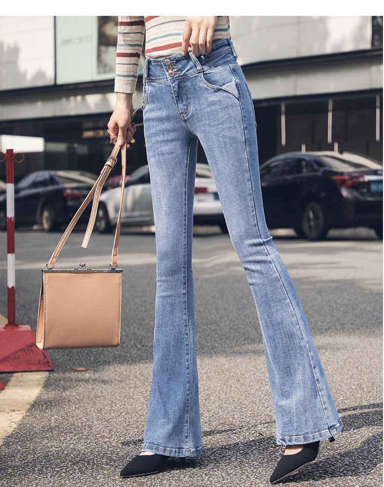 

Light Blue Spring Cowboy Bootleg Han Edition Show Tall Waist Trousers Drape Tail Straight Wide-Legged Pants