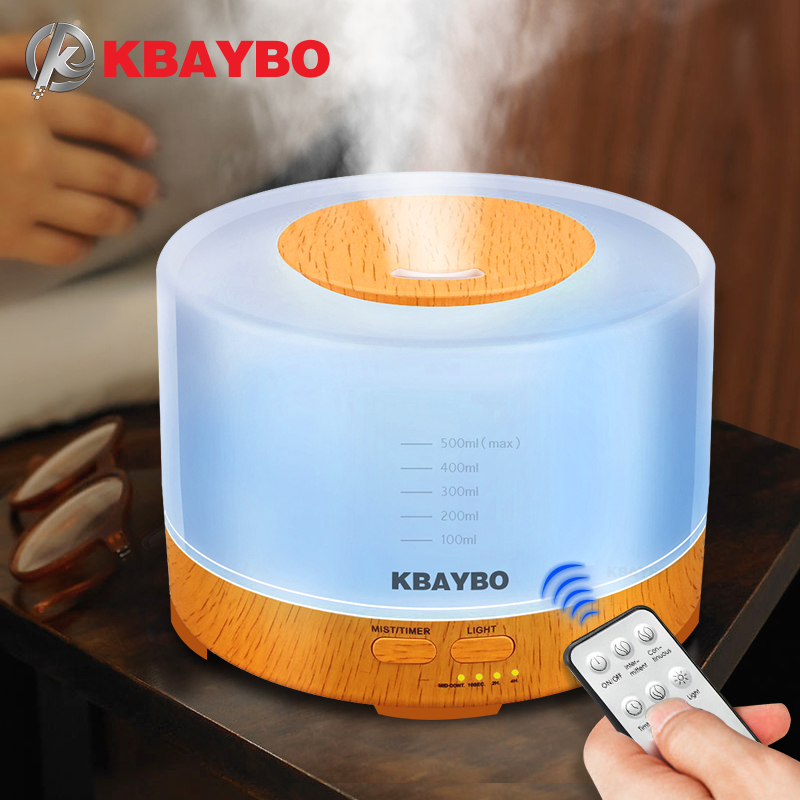 

KBAYBO Essential Oil Diffuser 500ml remote control Aroma mist Ultrasonic Air Humidifier 4 Timer Settings LED light Aromatherapy Y200111