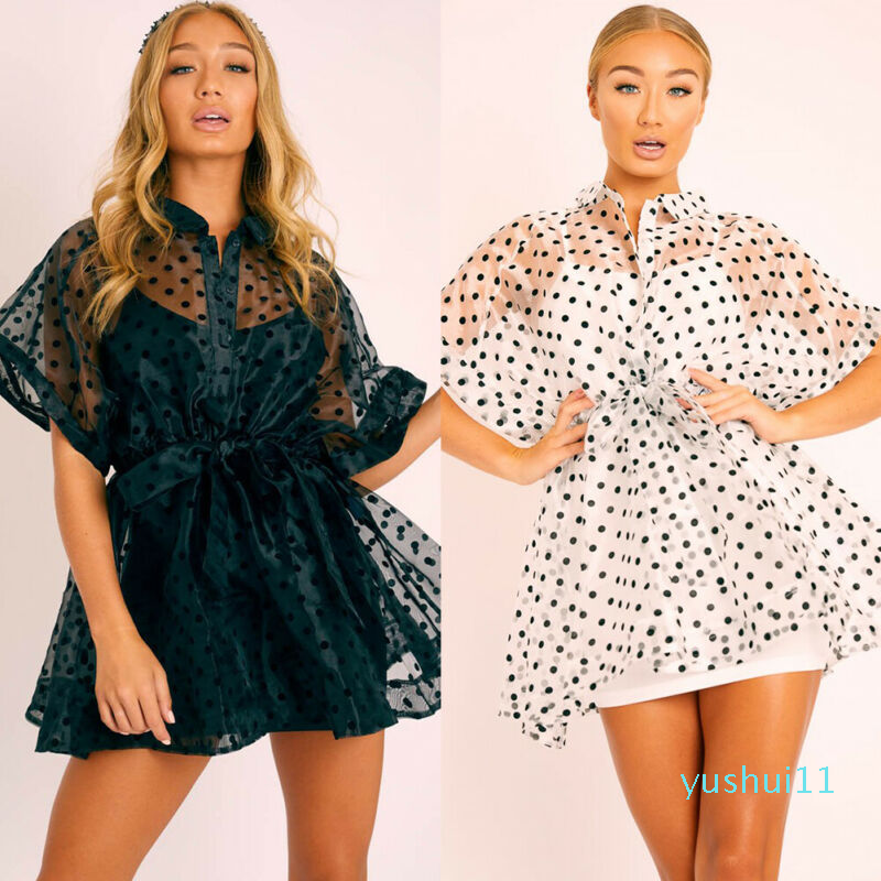 Wholesale-Fashion Women Polka Dots Print Mesh Sheer Dress 2020 Summer See Through Belted Mini Bikini Cover Ups Dress Short Sleeve-image-551218634