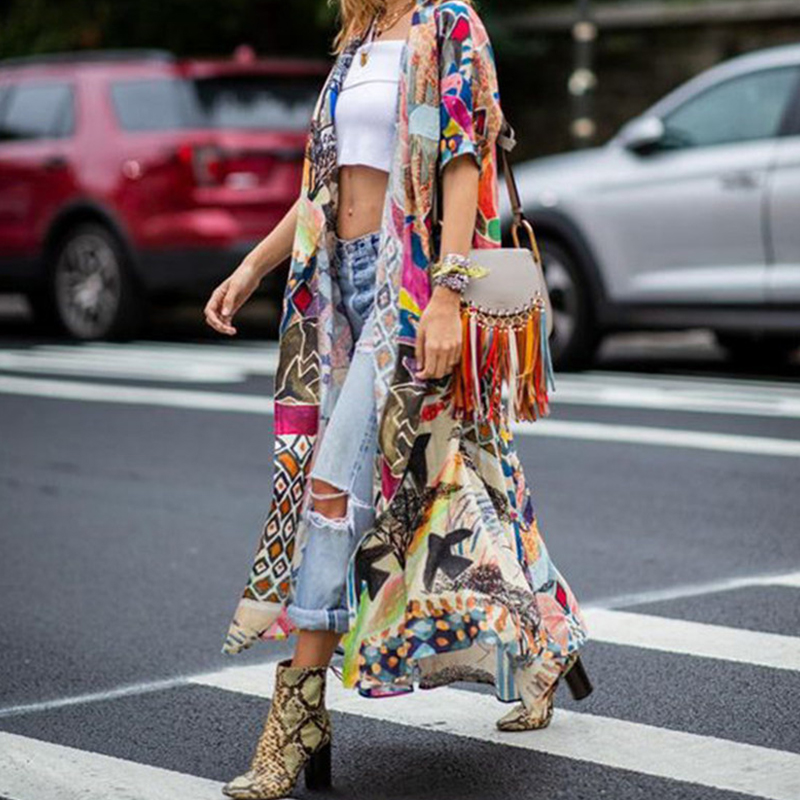 

Women's Blouses & Shirts Bohemian Printed Half Sleeve Summer Beach Wear Long Kimono Cardigan Tunic Women Tops Blouse Shirt Sarong Plage, Multi
