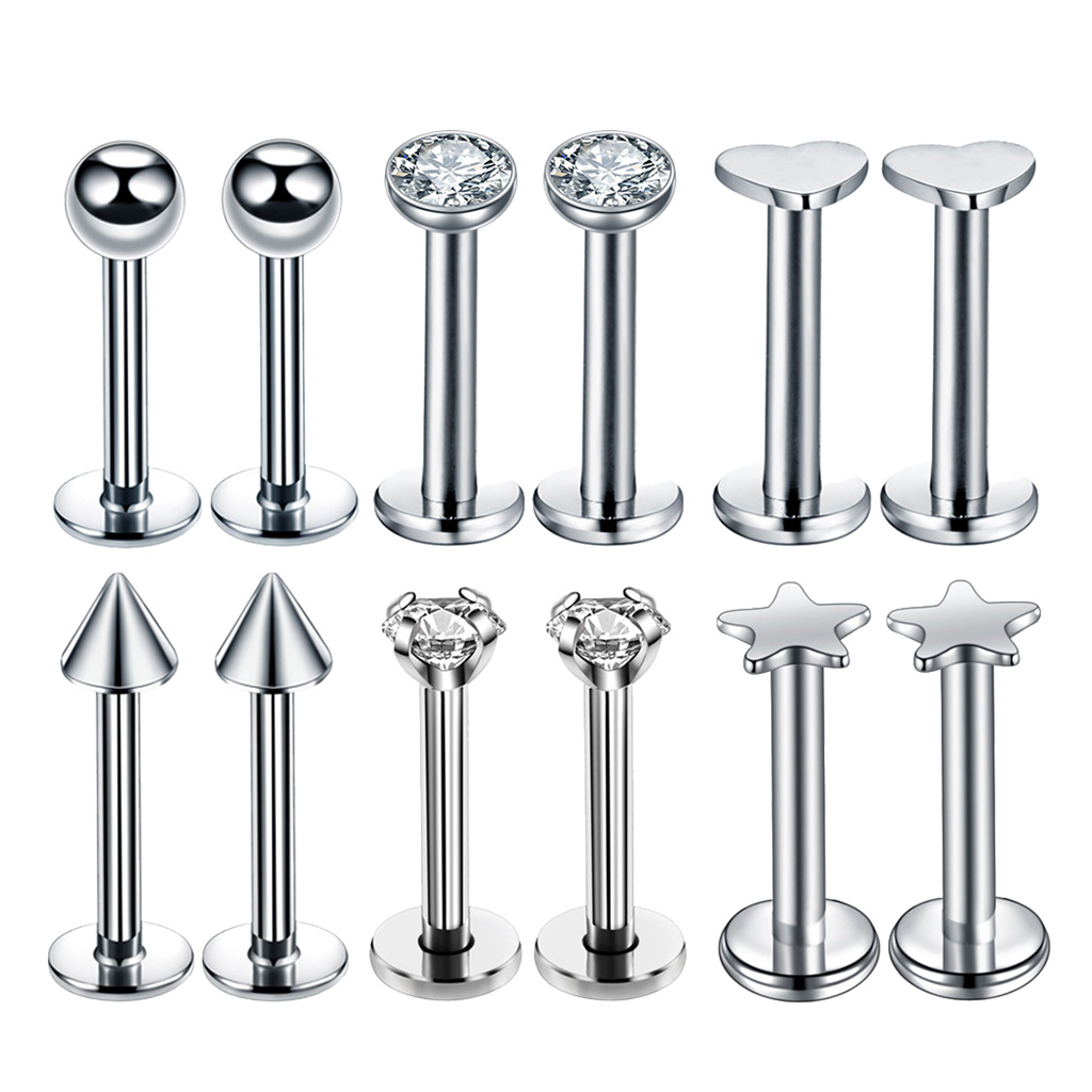 

12Pcs 16G 316L Stainless Steel CZ Labret Lip Rings Studs Tragus Nose Tragus Ear Piercing Jewelry