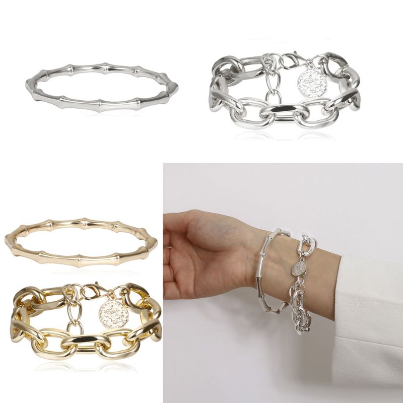 

Bangle 2Pcs Punk Metal Bamboo Bracelet Coin Disc Charm Chunky Link Chain Women 875B