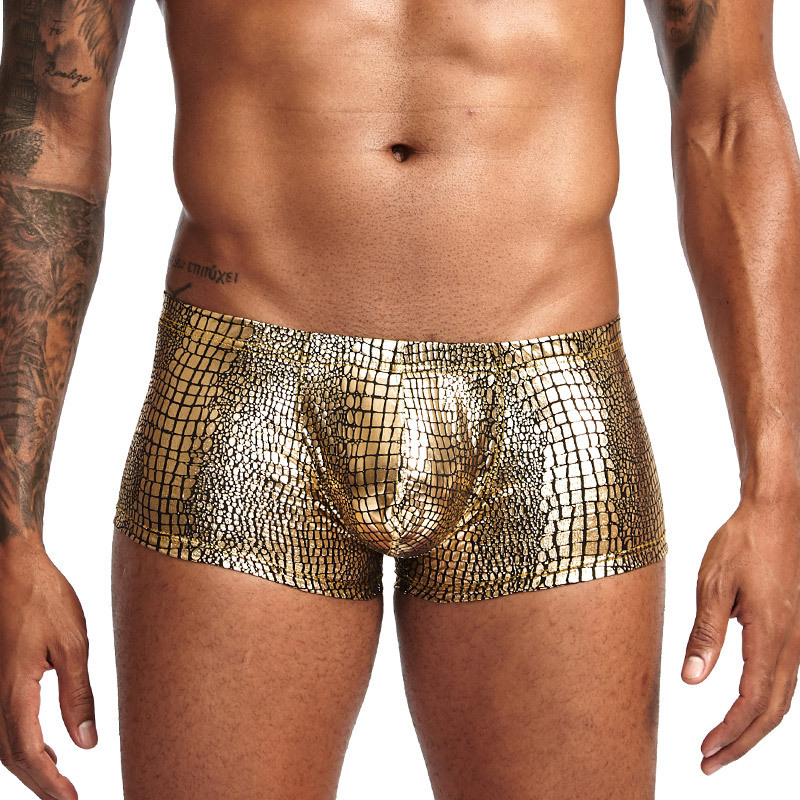 

Januarysnow Snake Skin Leather Sexy Mens Underwear Boxers Brand Open Front Crotchless Boxer Shorts Men U Convex Low Waist Male Underpants, Silver