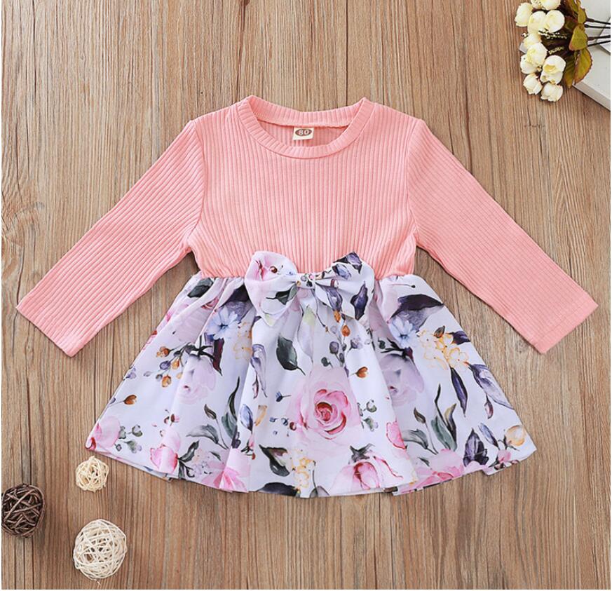 

Baby Long Sleeve Pink Dress Girl Floral Print Skirt Kids Clothes One Piece ZHT 323, As picture