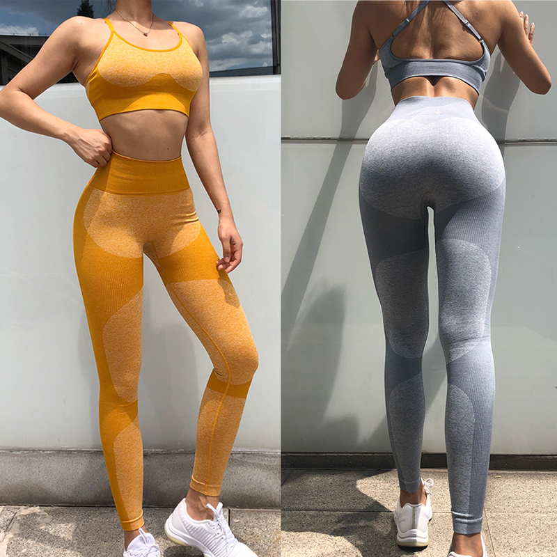 

Seamless Yoga Set Sports Bra and Leggings Jogging Women Gym Set Clothes Seamless Workout Sports Tights Women Fitness Suit, Yellow pants