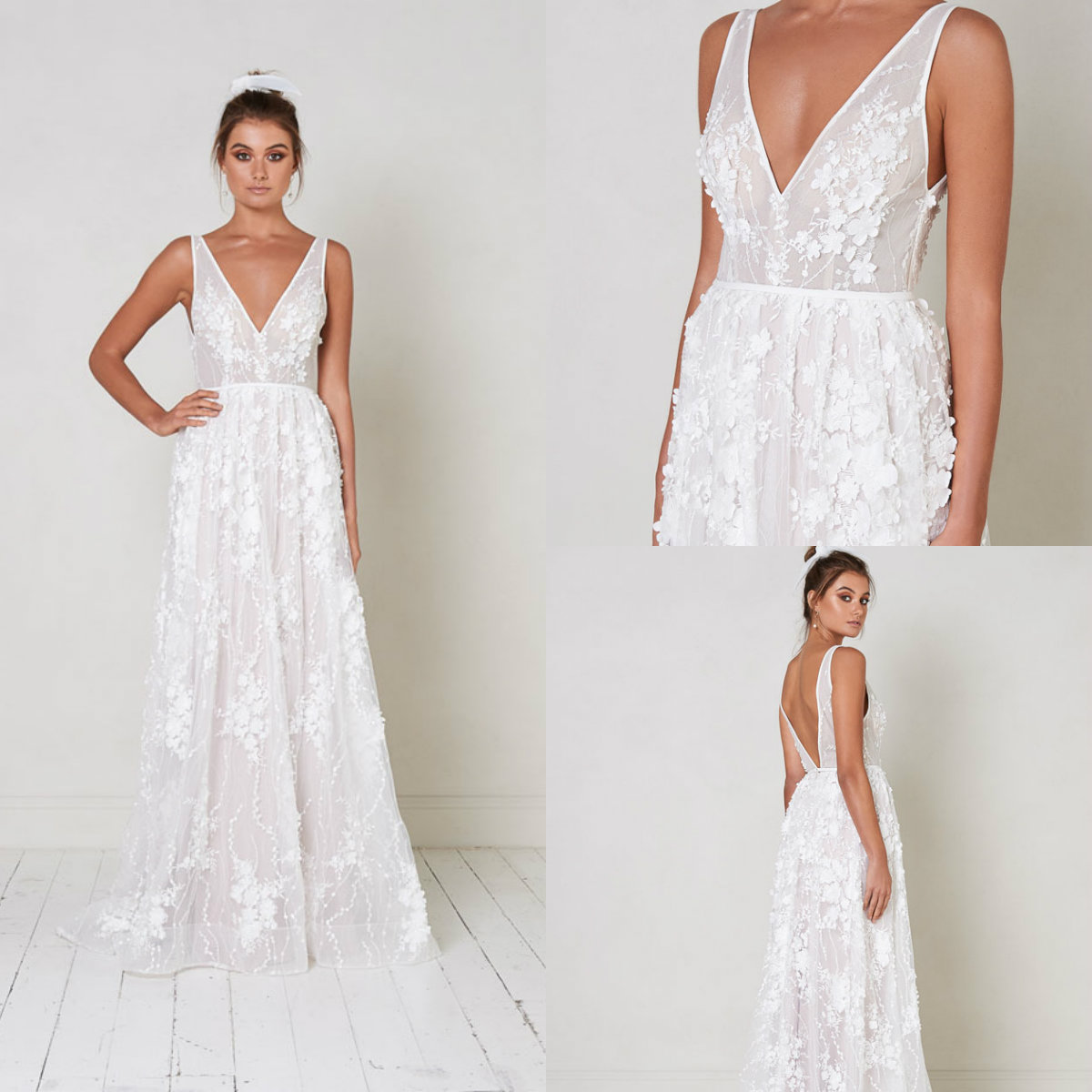 

2019 Beach Wedding Dresses With Lace 3D Floral Appliqued V Neck A Line Backless Bridal Gowns Plus Size Country Wedding Dress Custom, Same as image