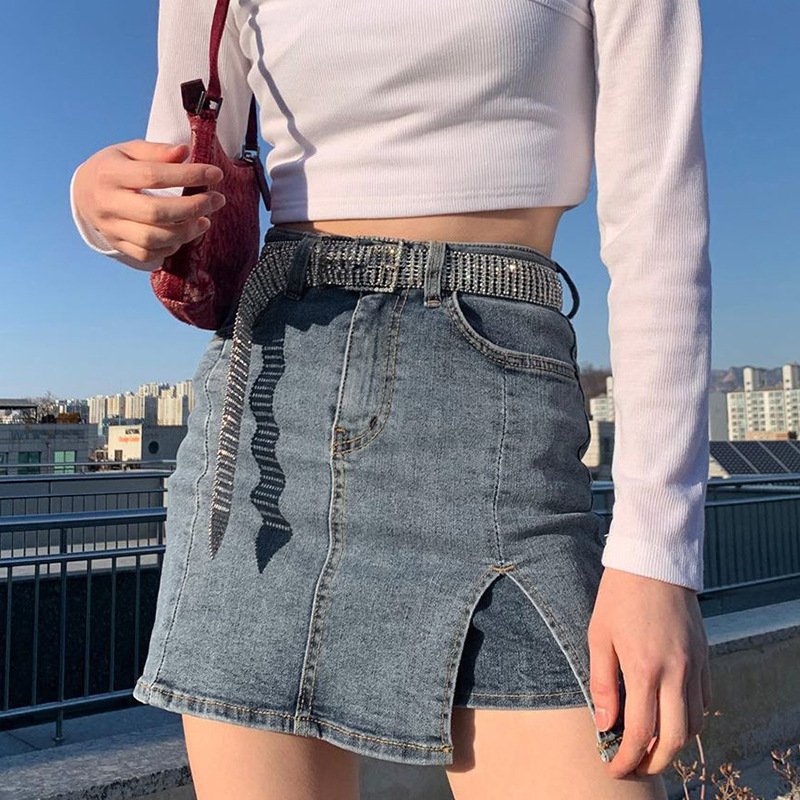 

BSTCOCHI High Street Women Denim Skirt Side Split Ladies Light Blue Short Jeans Skirts Girls Kawaii Mini Skirts Front Button