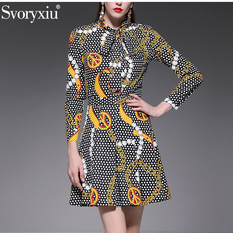 

Svoryxiu Runway Summer Skirt Suit Women' Fashion Long Sleeve Bow Collar Blouse + Mini Skirts Polka Dot Print Two Piece Set, Multi