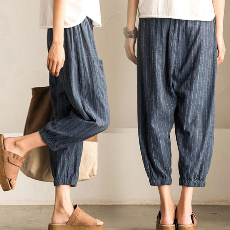 

Women Pants Ladies Trouser High Waist Casual Fashion Elastic Bottom Striped, Blue