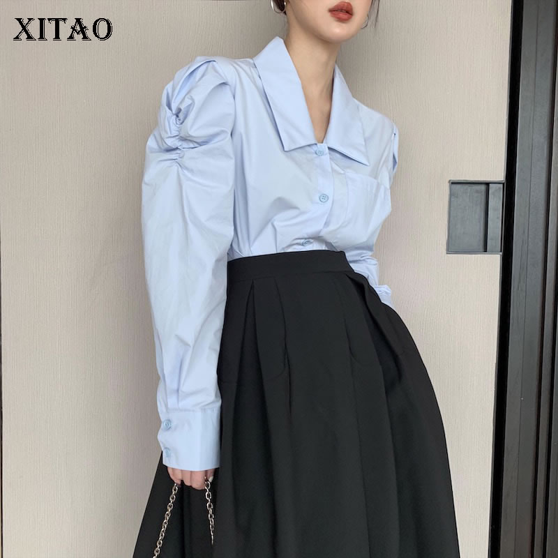 

XITAO Vintage Puff Sleeves Women Shirts Fashion Vintage Solid Color Turn Down Collar Wild Women Tops Loose Trend Blouse DMY4265, Blue dmy4265