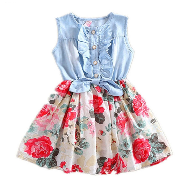 

Girls Dress Summer Girl Flower Dress Baby Sleeveless Dresses Children Denim Dresses Kids Party Princess Clothes, Red