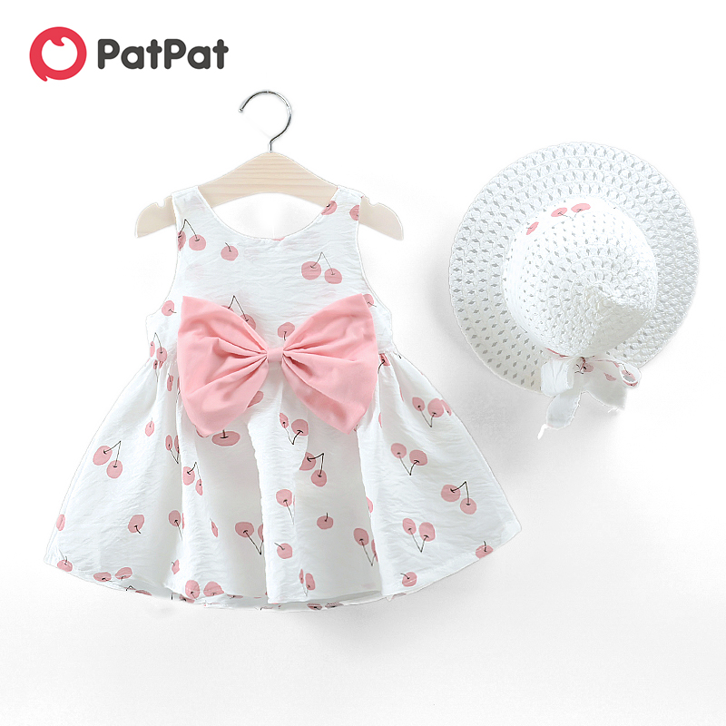 

PatPat 2020 New Summer 2-piece Baby and Toddler Fruit Apple Cherry Allover Bow Decorative Sleeveless Dress and Hat Set, Pink