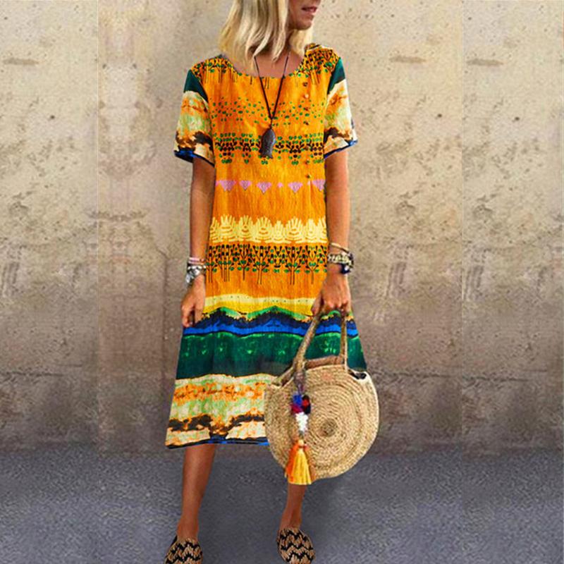 

#H30 Loose Long Boho Dress Women Gradient Color Print Beach Maxi Dress O-Neck Short Sleeve Bohemian Long Dresses For Women, Blue