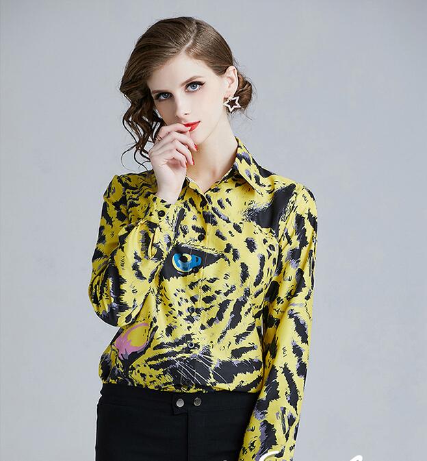 

Black Leopard printed long sleeve yellow women Rayon blouses with single breasted summer shirts lapel neck fashion ladies shirts