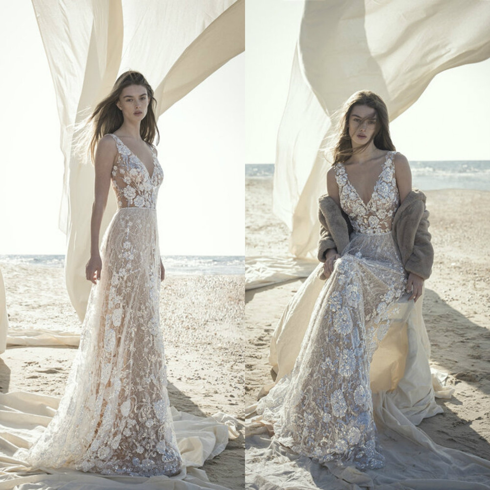 Alon Livne 2021 Robes de mariée col en V dentelle Perles Paillettes Appliques Robes de mariée Custom Made balayage train Une ligne de plage Robe