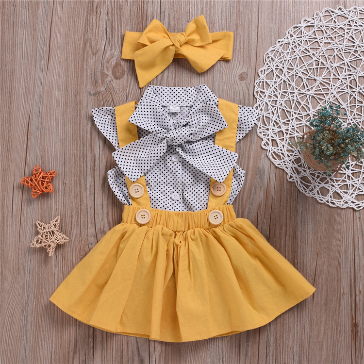 

Summer baby girl kids clothes Set Dot flying sleeve top+strap dress+Headband 3 pcs sets Kids Designer Clothes Girls JY319, As pics show