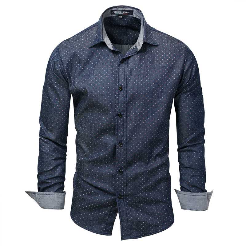 

2020 Summer Autumn Men Polka Dot Denim Shirt Long Sleeve 100% Cotton High Quality Casual Shirt Male Social Dress Shirts -3XL, Dark blue