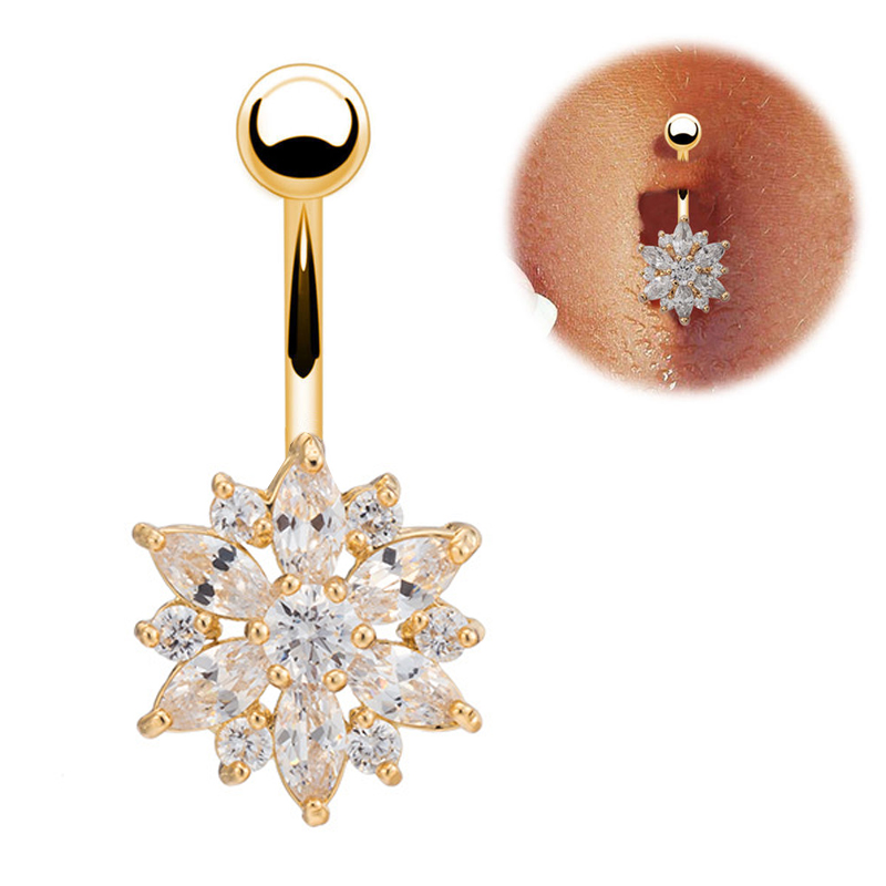 

Luxury Earrings in Navel 316L Stainless Steel Green Flower Crystal Navel Bars Gold Belly Button Ring Piercing Jewelry