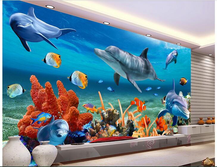 

WDBH custom photo 3d wallpaper Ocean dolphin coral fish tv background painting home decor living room 3d wall mural wallpaper for walls 3 d, Non-woven