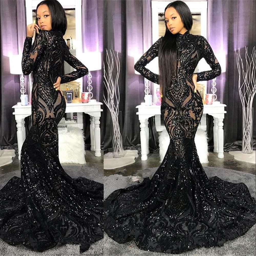 New Cheap Sexy Bling Black Sequins Prom Dresses High Neck Long Sleeves Sequined Lace Mermaid Sweep Train Evening Dresses Wear Party Gowns