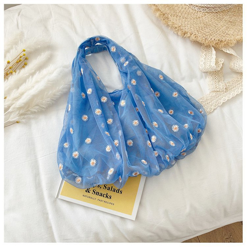 

2020 New Original Design Fashion Mesh Handbag Shopping Bag Fresh Daisy Embroidered Shoulder Bag Large Capacity