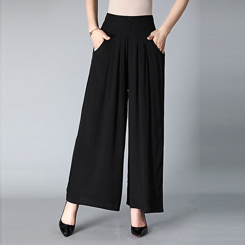 

4XL Fashion Hot New Wide Leg Pants Spring Summer Korean High waist Sofe pants Big Hem Wild Chiffon Women Autumn, Black