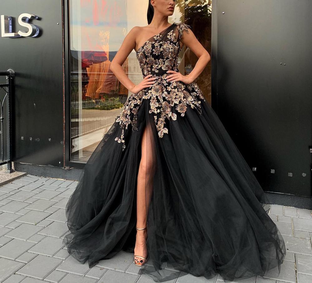 

Elegant Long Evening Dresses 2020 One Shoulder High Quality Tulle Sexy High Slit Saudi Arabia Black Formal Prom Gown, Red