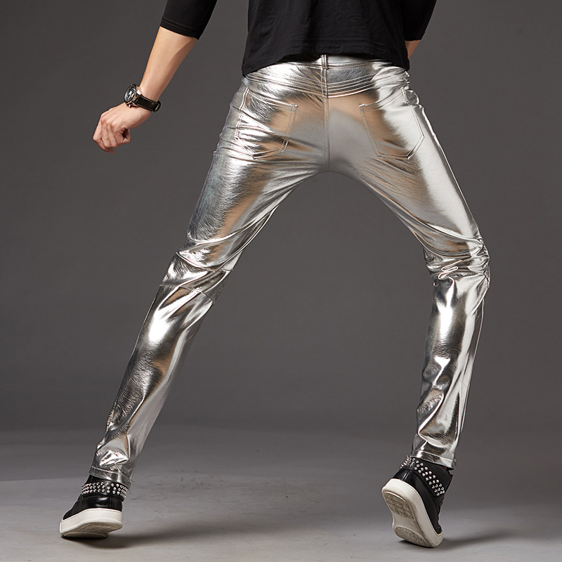 

Men Trouser PU Leather Skinny Slim Wet Look Tight Pencil Stage Performance Show Club Wear Cosplay Costumes Pants, Black