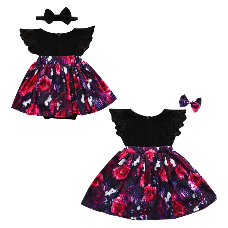 

0-7Y Newborn Kids Baby Girls Sister Clothes Floral Romper Dress +Headband 2Pcs sets Summer Kids Girls Cute Outfits, As pic
