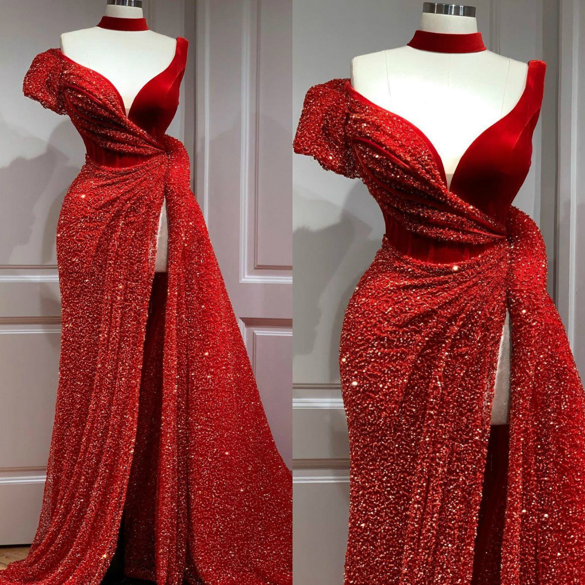 

Red Stylish Sexy Mermaid Sequined Prom Dresses High Split Party Second Evening Gowns Plus Size A Line Sweep Train Formal Dress, Gold