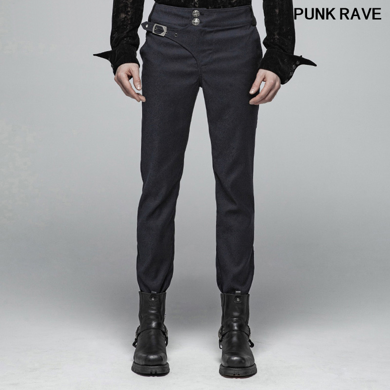 

Gothic Party Club Adjustable belt Men slim Pants Punk Gentleman Simple Dark Jacquard Woven Trousers PUNK RAVE WK-358XCM, Blue