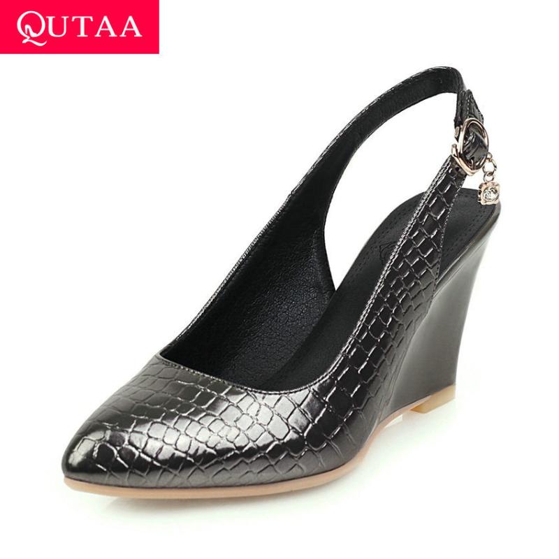 

QUTAA 2020 PU Leather Pointed Toe Buckle Women Sandals Wedge High Heel Fashion Slingback New Summer Women Pumps Big Size 34-43, Black
