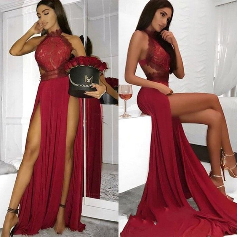 

Sexy High Neck Burgundy Prom Dresses Side Splits A Line Appliques Top Chiffon Sexy Backless Long Vestidos Evening Gowns BC0909, Purple