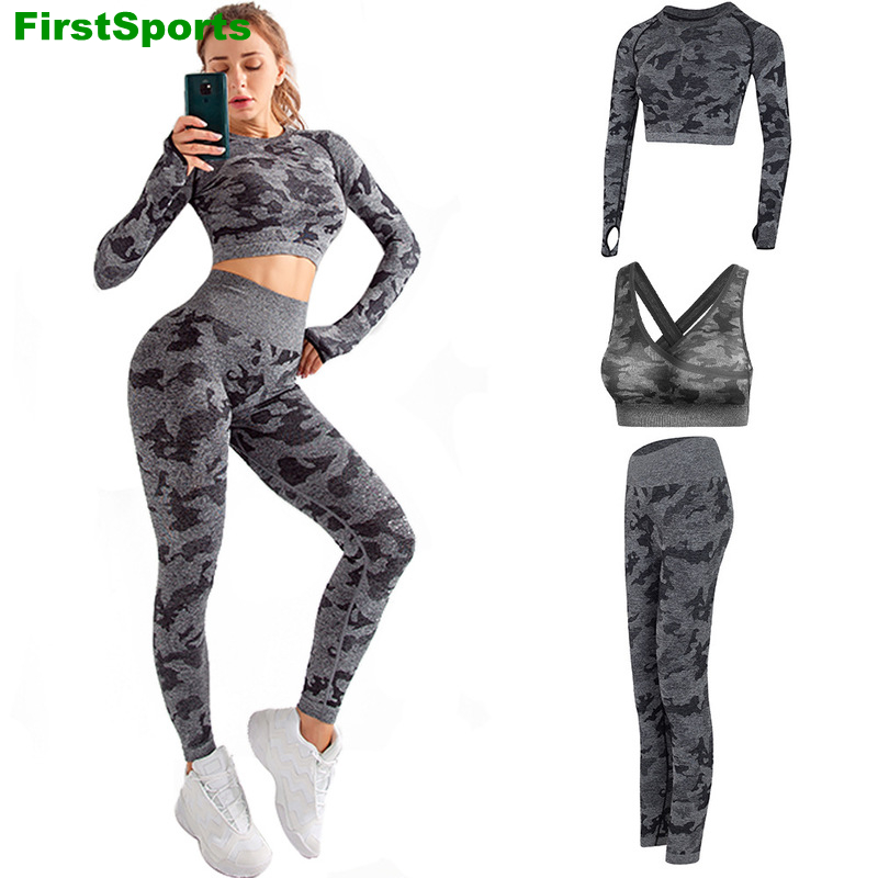 

Womens Seamless Yoga Leggings Set Camouflage Sports Suit Gym Bra Shirts 2-3pcs/set Running Fitness Workout Sportswear Clothing, Green 2pcs
