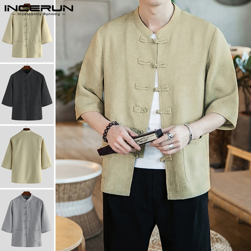 

2020 Mens Chinese Style Shirt Men Solid Color Half Sleeve Retro Button Stand Collar Blouse Casual Male Tang Suit Kimono -5XL, Black