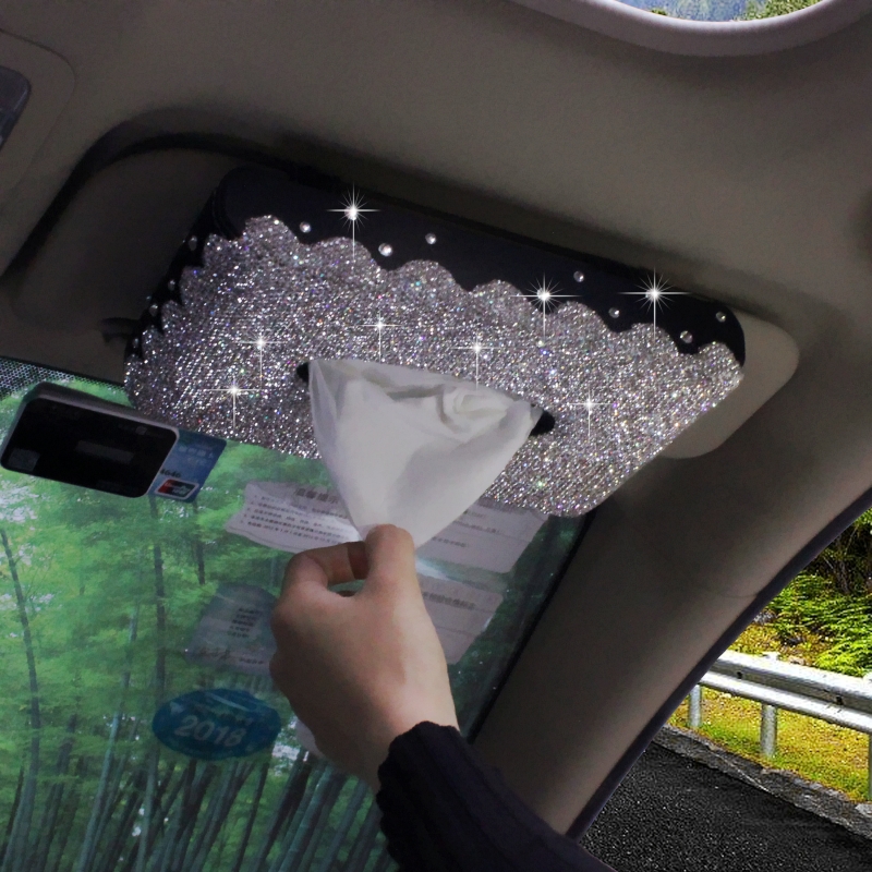 

Bling Bling Sun Visor Type Car Tissue Box with Crystals Hanging Paper Towels Tissue Container Case for Interior