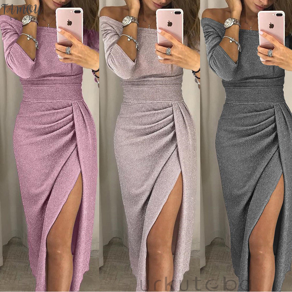 

Women Off Shoulder Bodycon Dress Split Maxi Dress Party Evening Gown Wear Jupe Femme Faldas Mujer