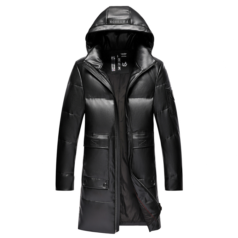 

Autumn Winter Men's Leather Jacket Long Black Winter Down Coat for Men Fashion Men's Coat with Hat, Big Sizes -4XL