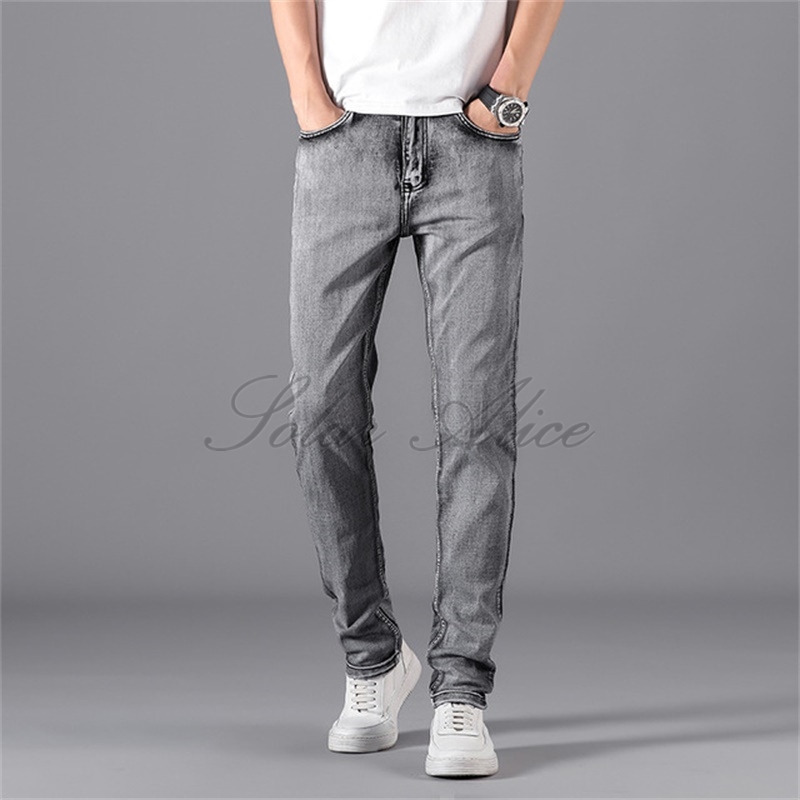 

Free shipping 2020 men's summer new high-end straight jeans youth high waist thin section elastic simple casual pants smoke gray
