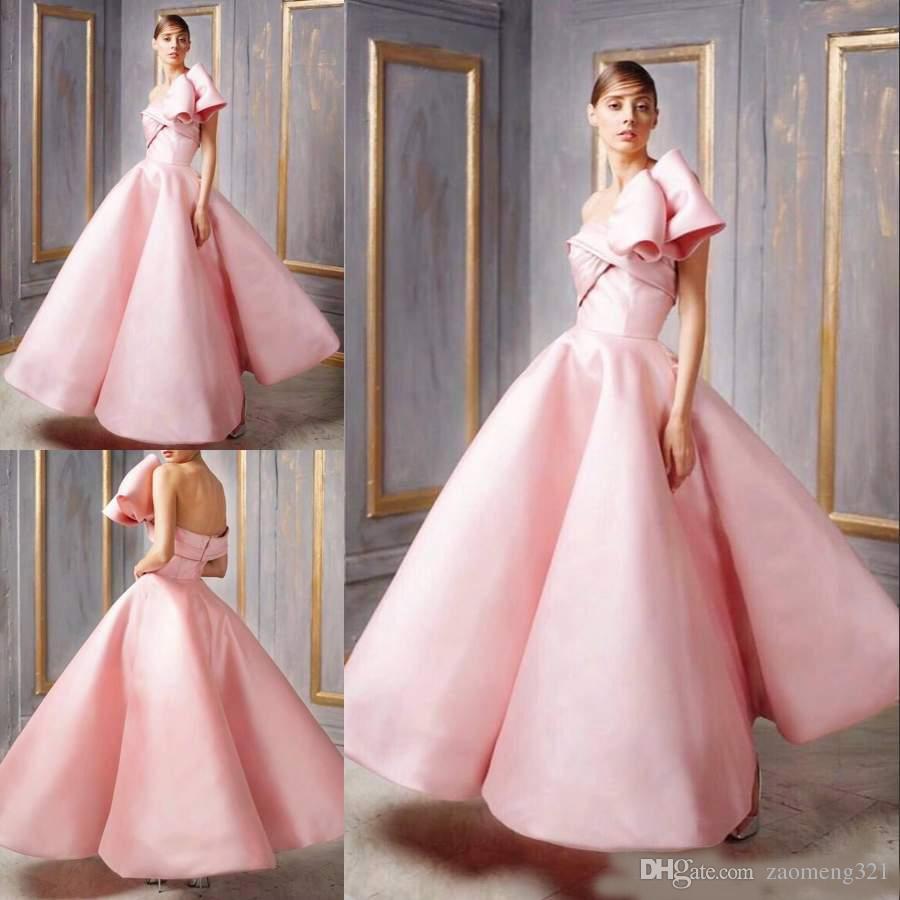 

2019 Pink Prom Dresses Strapless Bow Tie Neck Custom Made Evening Gowns Big Ruffles Ankle Length A-Line Pleated Formal Dress, Red